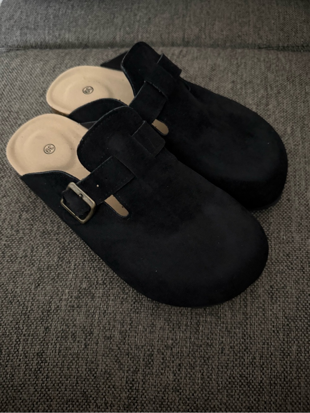 Women's Black Suede Slip-On Clog with Buckle
